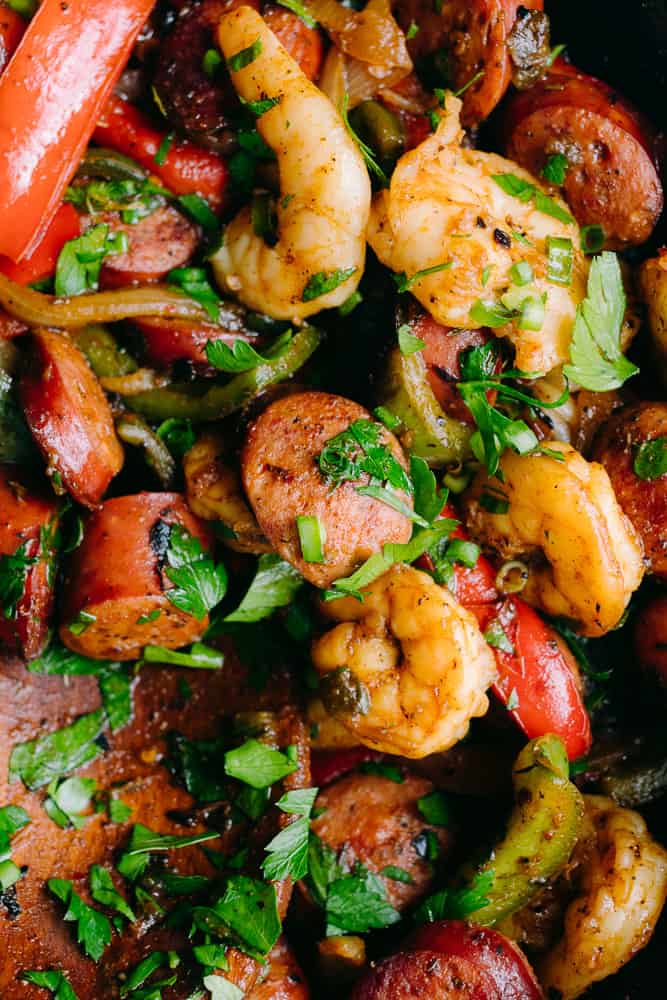 cajun shrimp sausage and peppers skillet with parsley