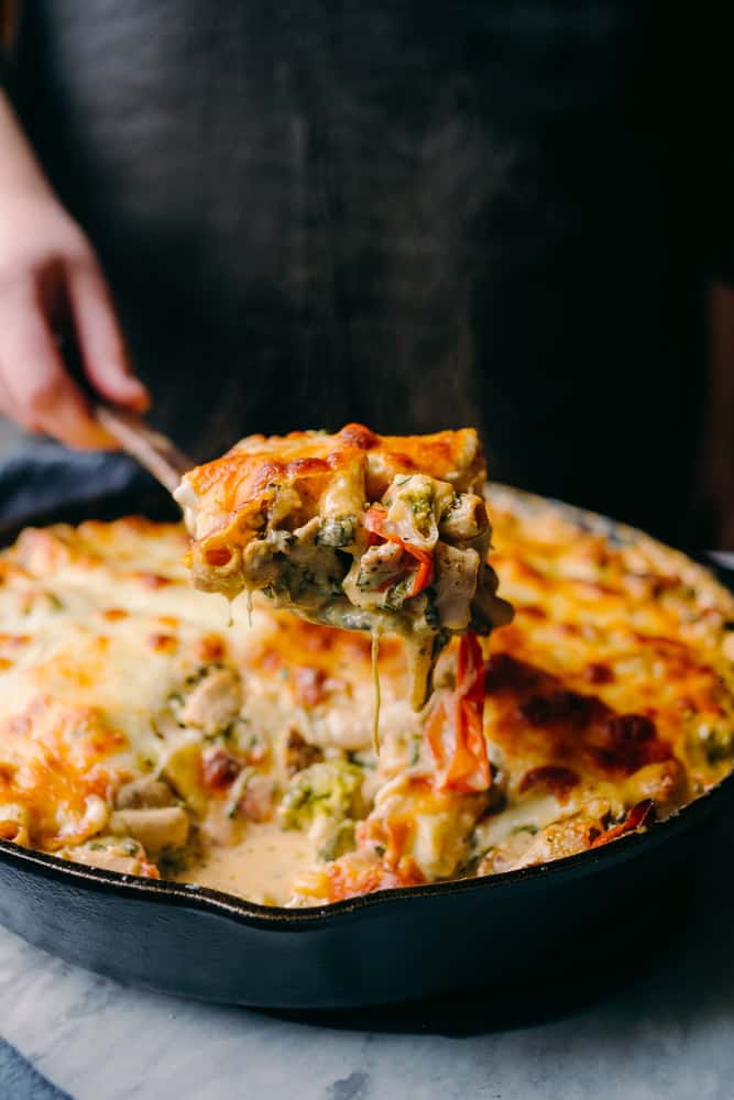 creamy and cheesy pasta bake with chicken and vegetables