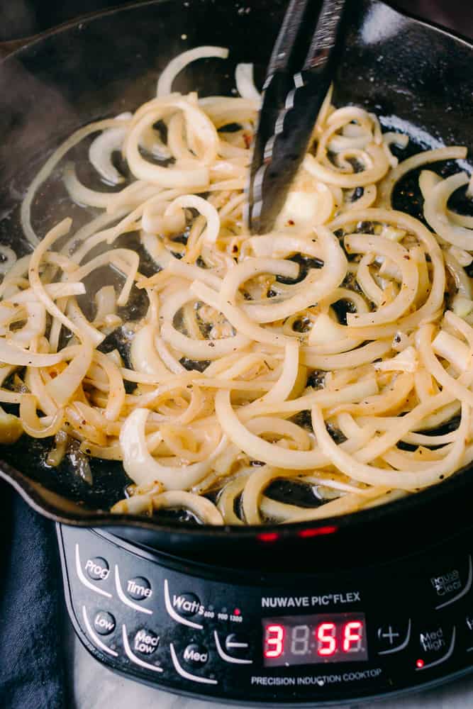caramelizing onions in a cast iron skillet