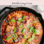 graphic with text of Pepperoni Pizza Chicken Skillet