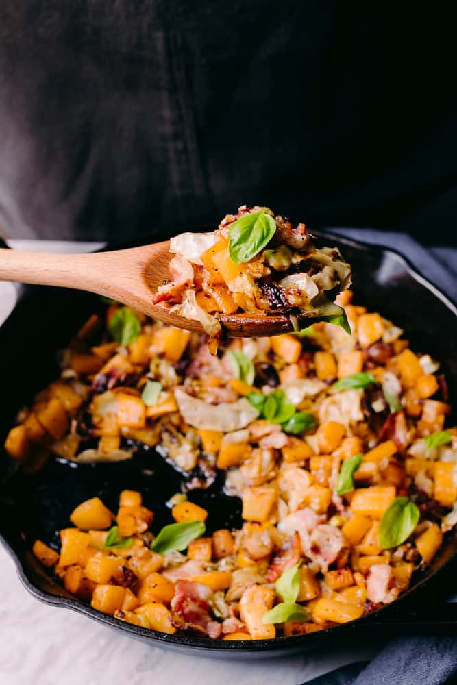 roasted rutabaga with cabbage bacon leeks and basil