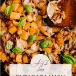 Graphic with text of Rutabaga Hash with Cabbage Bacon and Leeks