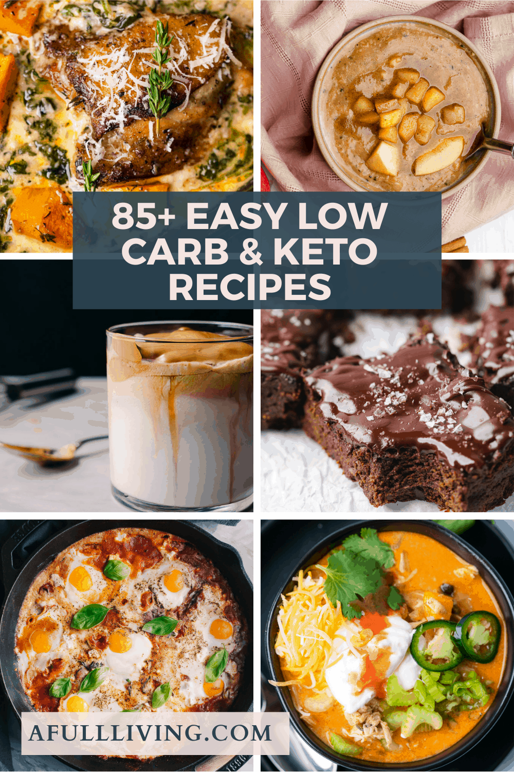 85+ Easy Low Carb and Keto Recipes graphic with text 