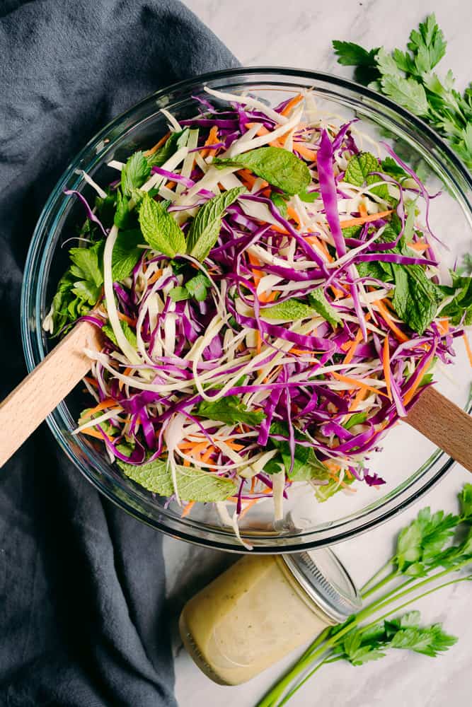 honey lemon dressing with red cabbage salad