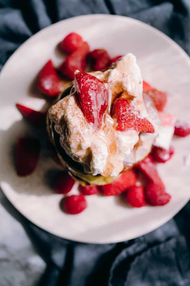 overhead pancake shot with strawberries and raspberries
