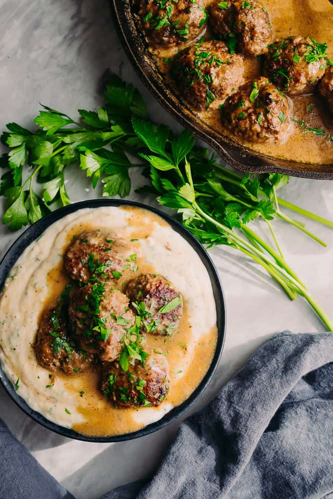delicious keto swedish meatballs with mashed turnips and parsley