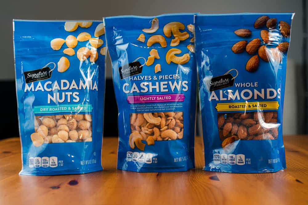 roasted and salted almonds, macadamia nuts, cashews