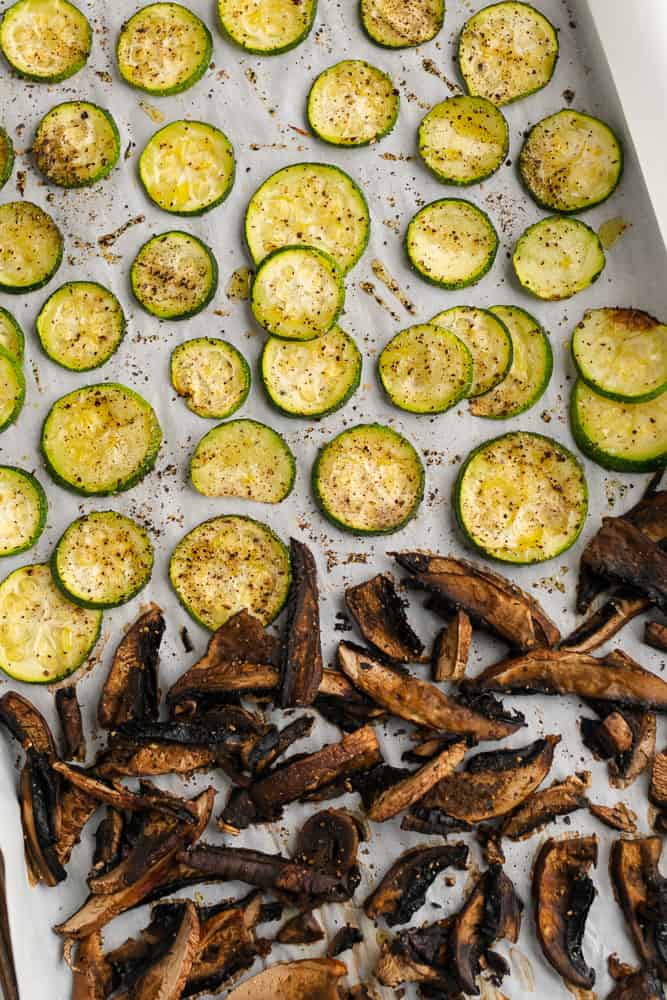 roasted zucchini and mushroom on parchment paper
