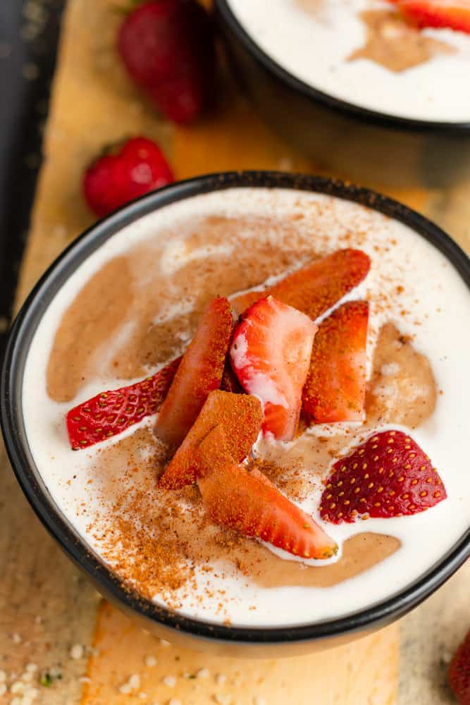 strawberries and cream hemp heart oatmeal with cinnamon