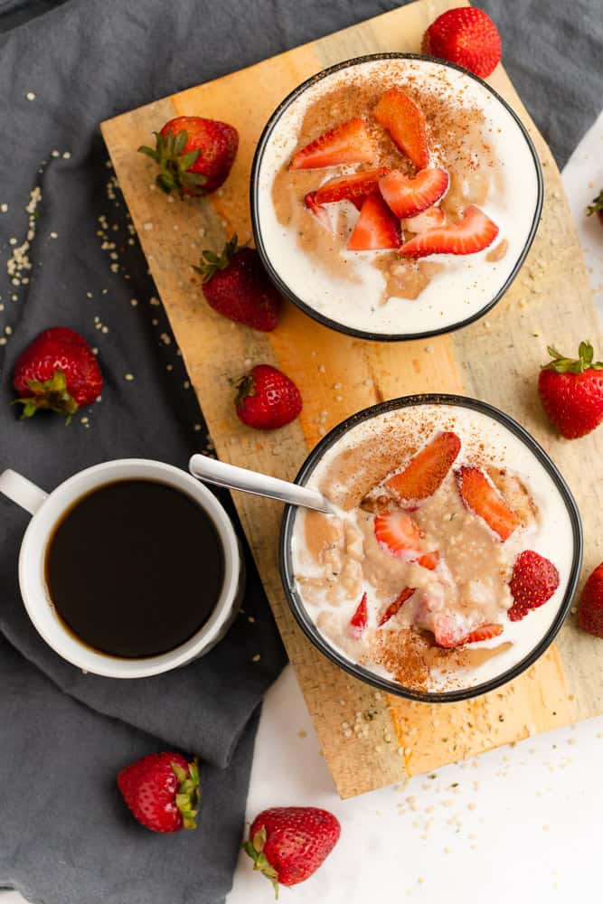 strawberries and cream porridge with coffee