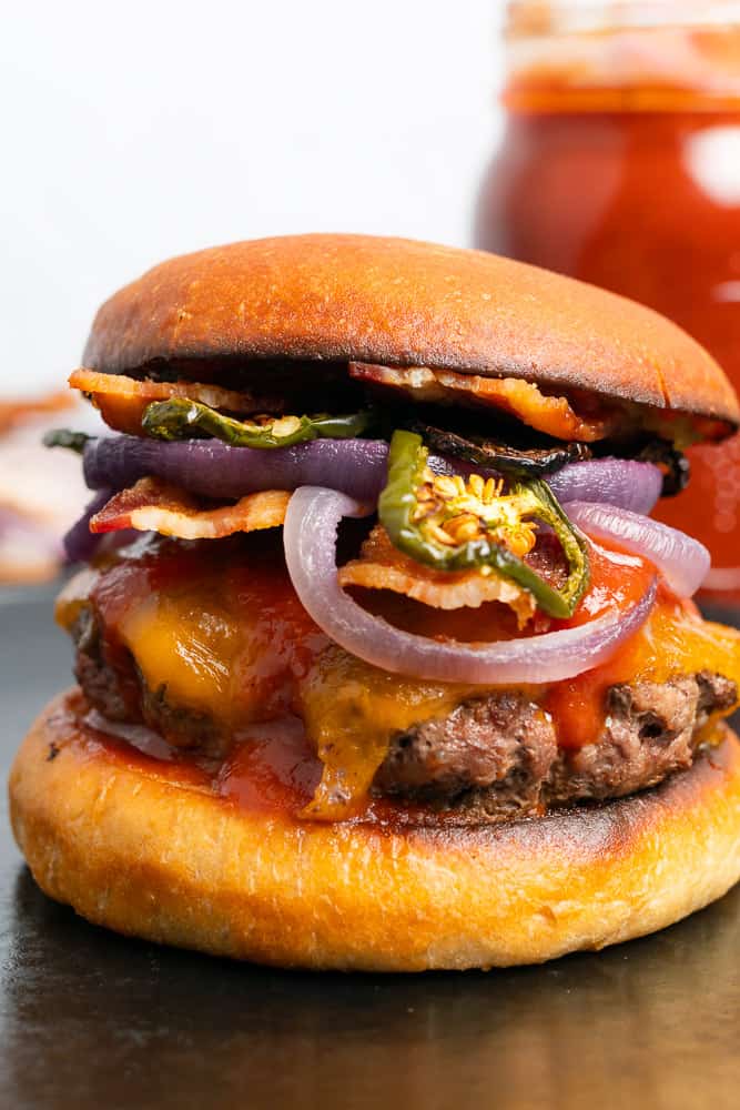 keto bbq bacon cheeseburger with jalapenos and red onion 