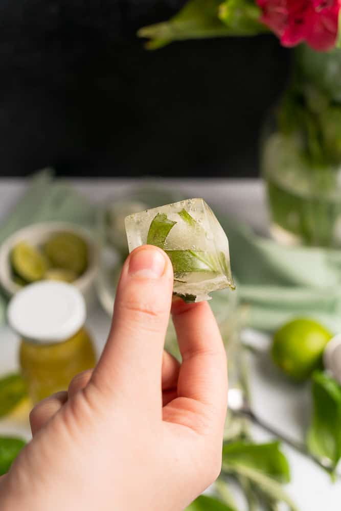 hand holding up an herb infused ice cube