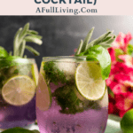 graphic with text of a purple cocktail with pink flowers Summer Herb Gin and Tonic Keto Cocktail