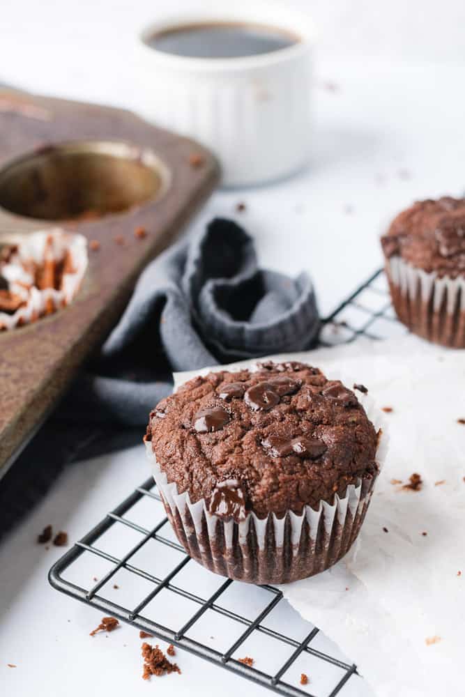 chocolate muffin on a cooling rack