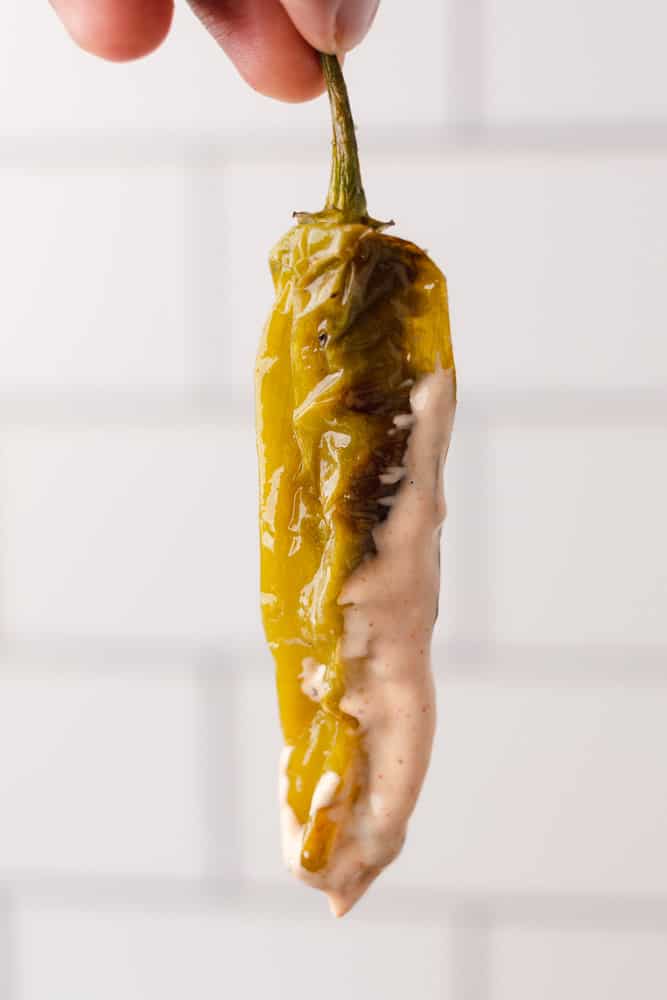 blistered shishito pepper with dipping sauce 