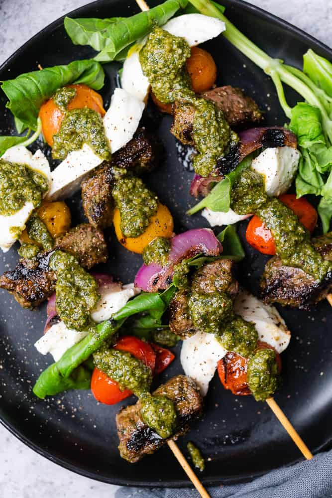 delicious caprese steak skewers with basil