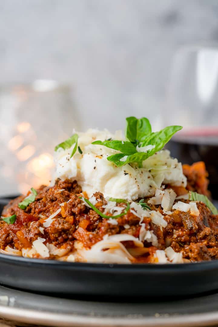closeup shot of lamb ragu pasta