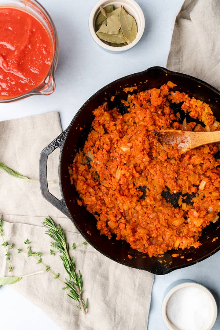 carrots, celery and onions with tomato paste