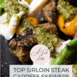 graphic with text of Top Sirloin Steak Caprese Skewers with Walnut Pesto