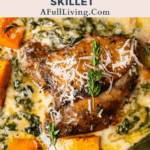 graphic with text of Creamy Parmesan Chicken and Butternut Squash Skillet Recipe