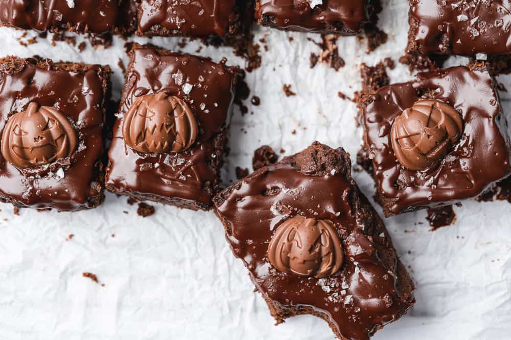 fudgy chocolate brownies with chocolate pumpkin pieces