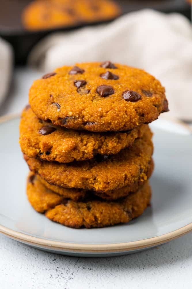 stack of keto pumpkin chocolate chip cookies