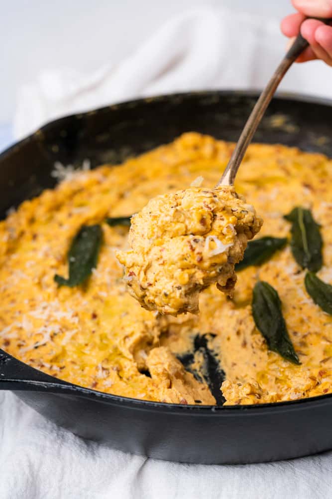 spoonful of pumpkin goat cheese dip with sage