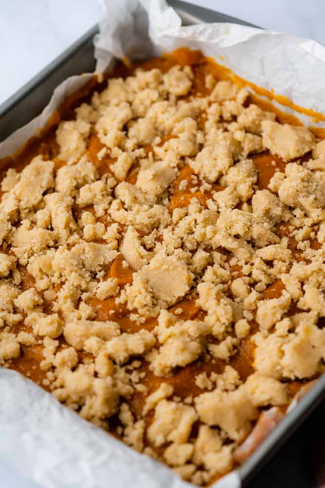 pumpkin pie filling with a crumble topping