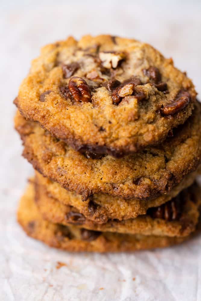 stack of cookies with pecans and chocolate chips