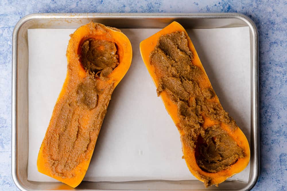 butternut squash covered with butter and sweetener mixture 