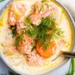 bowl of creamy keto finnish salmon soup with dill