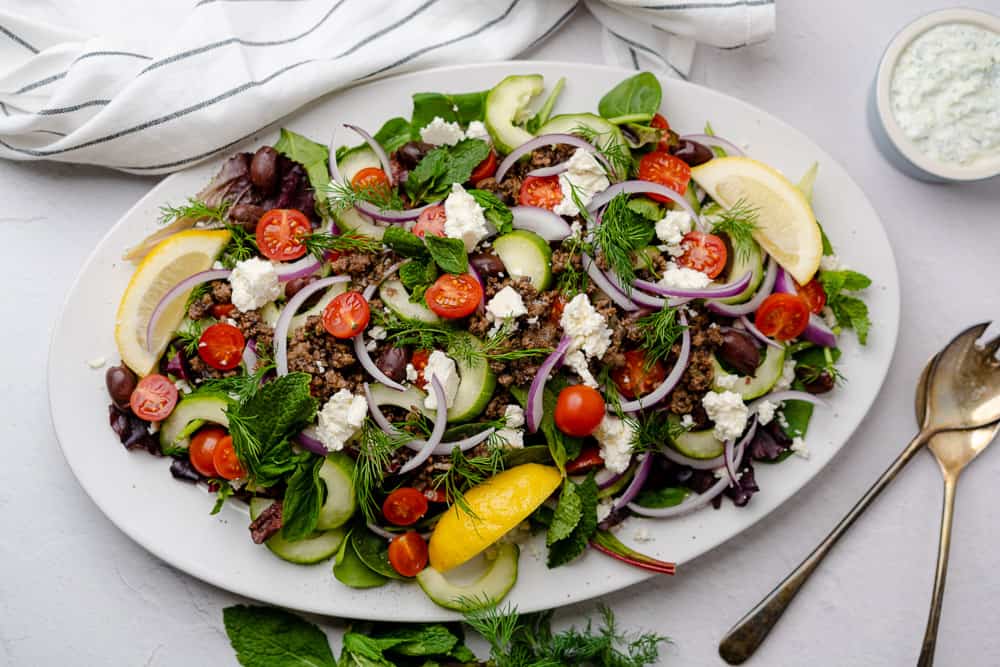 white platter of lamb greek salad