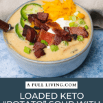 graphic with text of Loaded Keto "Potato” Soup with Smoked Sausage and Bacon