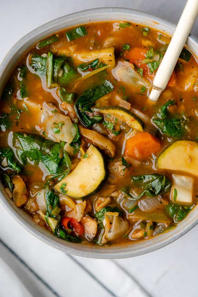 overhead view of vegetable soup