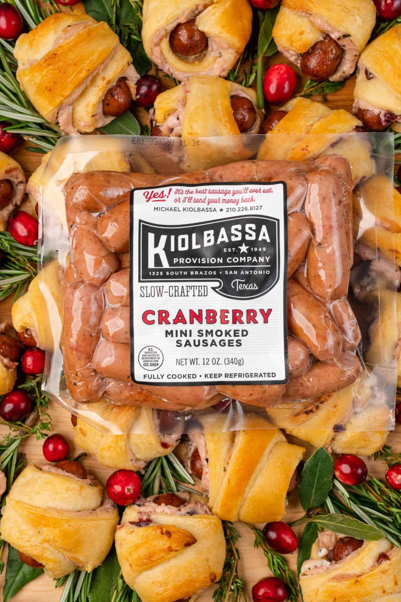 Kiolbassa cranberry smoked sausages on holiday reef