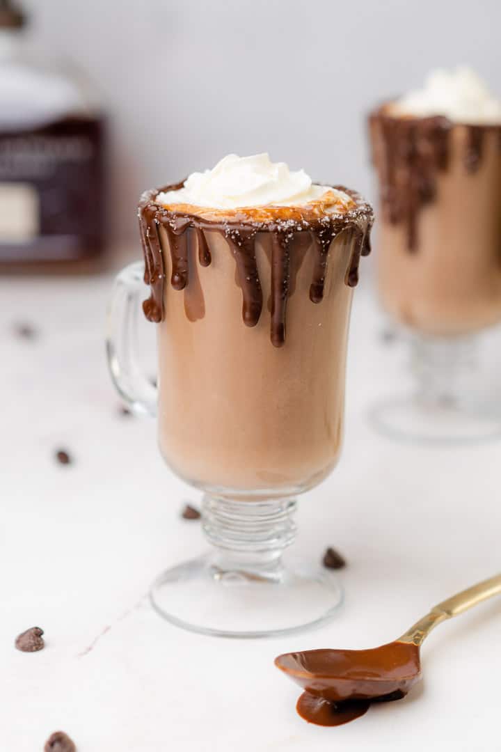 bourbon hot cocoa with whipped cream 