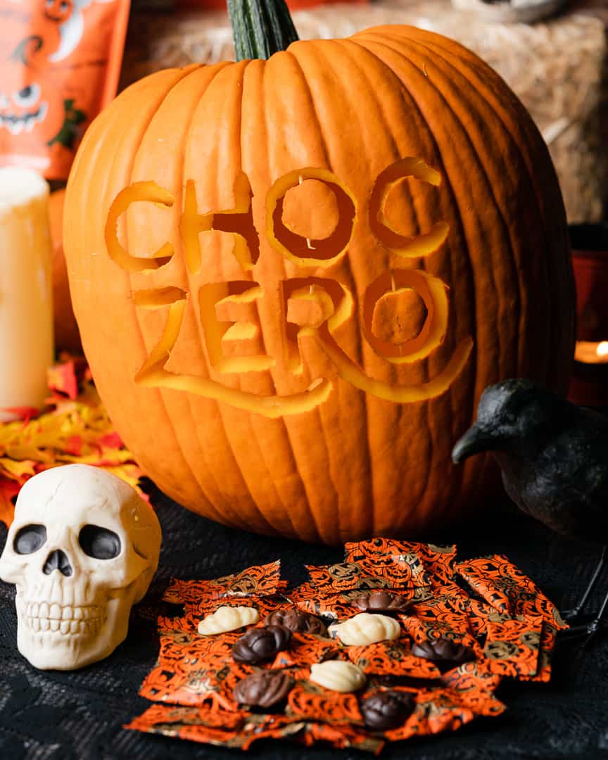 Choc Zero carved pumpkin with candies and skull