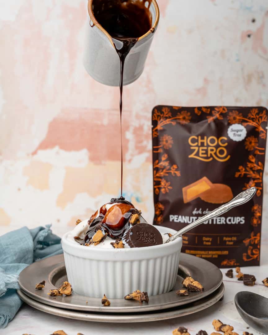 Choc Zero chocolate syrup pour with ice cream and peanut butter cups