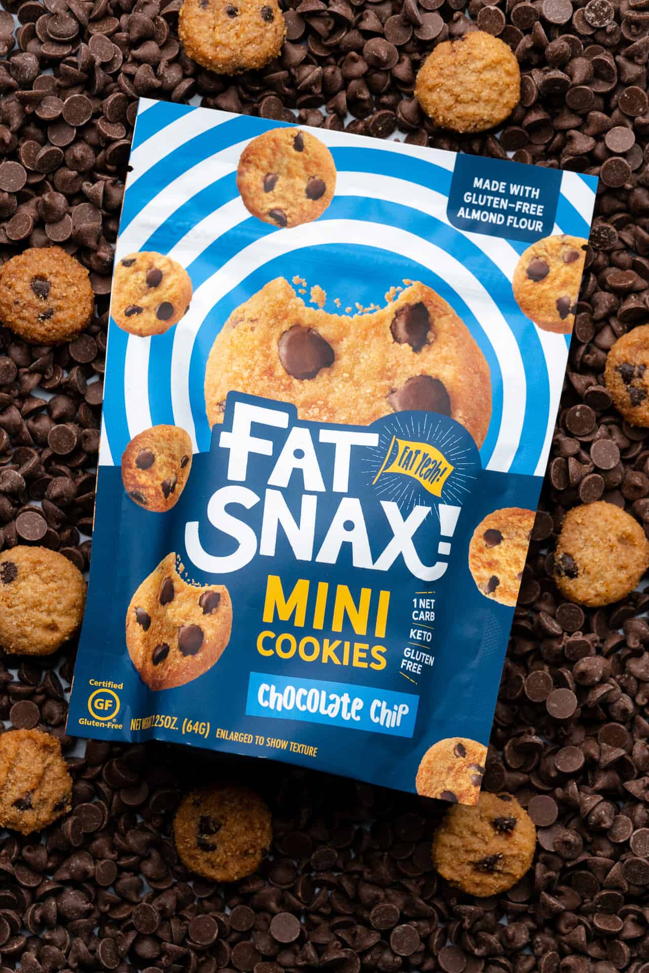Fat Snax Mini Cookies laying on bed of chocolate chips