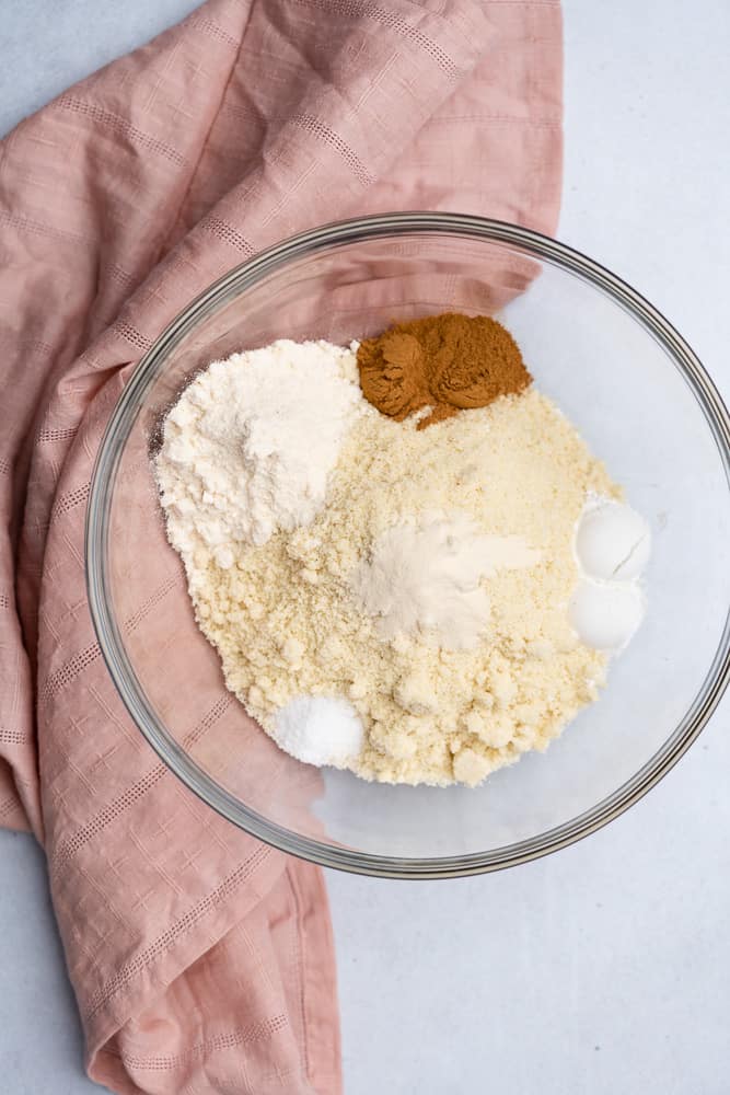 dry ingredients in a glass bowl for making a banana cake 
