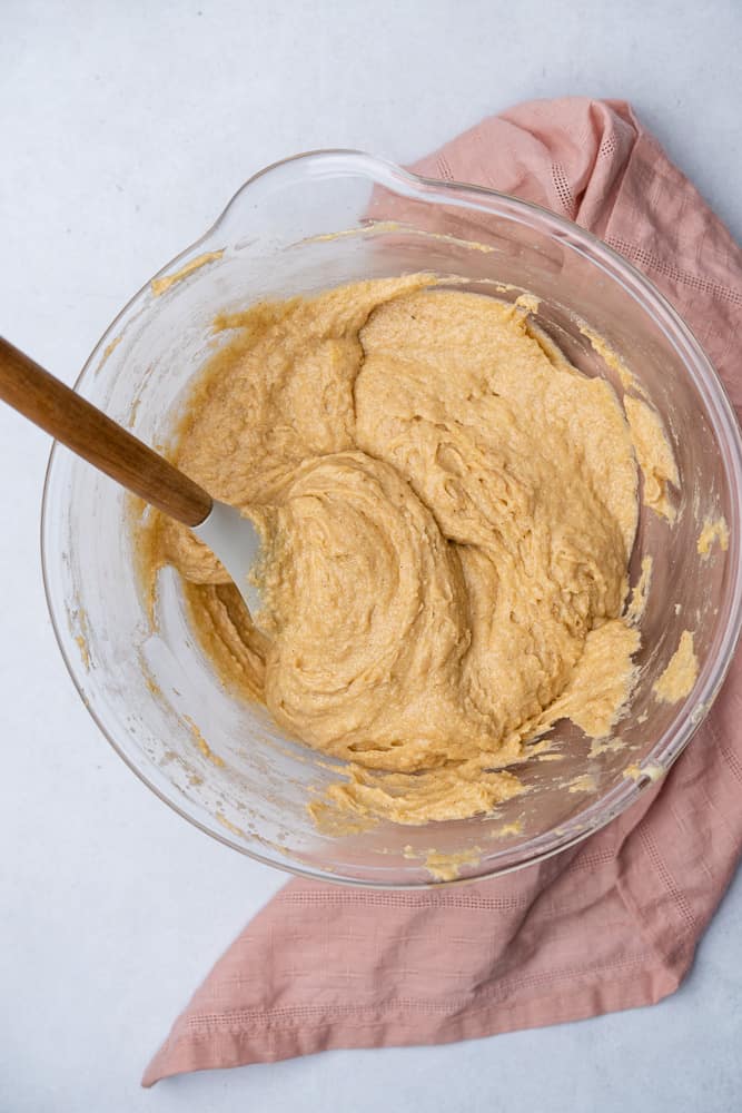 banana dream cake raw batter with a rubber spatula