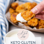 graphic with text of a hand holding Keto Gluten Free Fried Pickles with ranch dressing