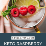 flat lay view of a raspberry moscow mule in a copper mug with text
