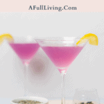 graphic with text of two tall lavender martinis with dried lavender and lemons