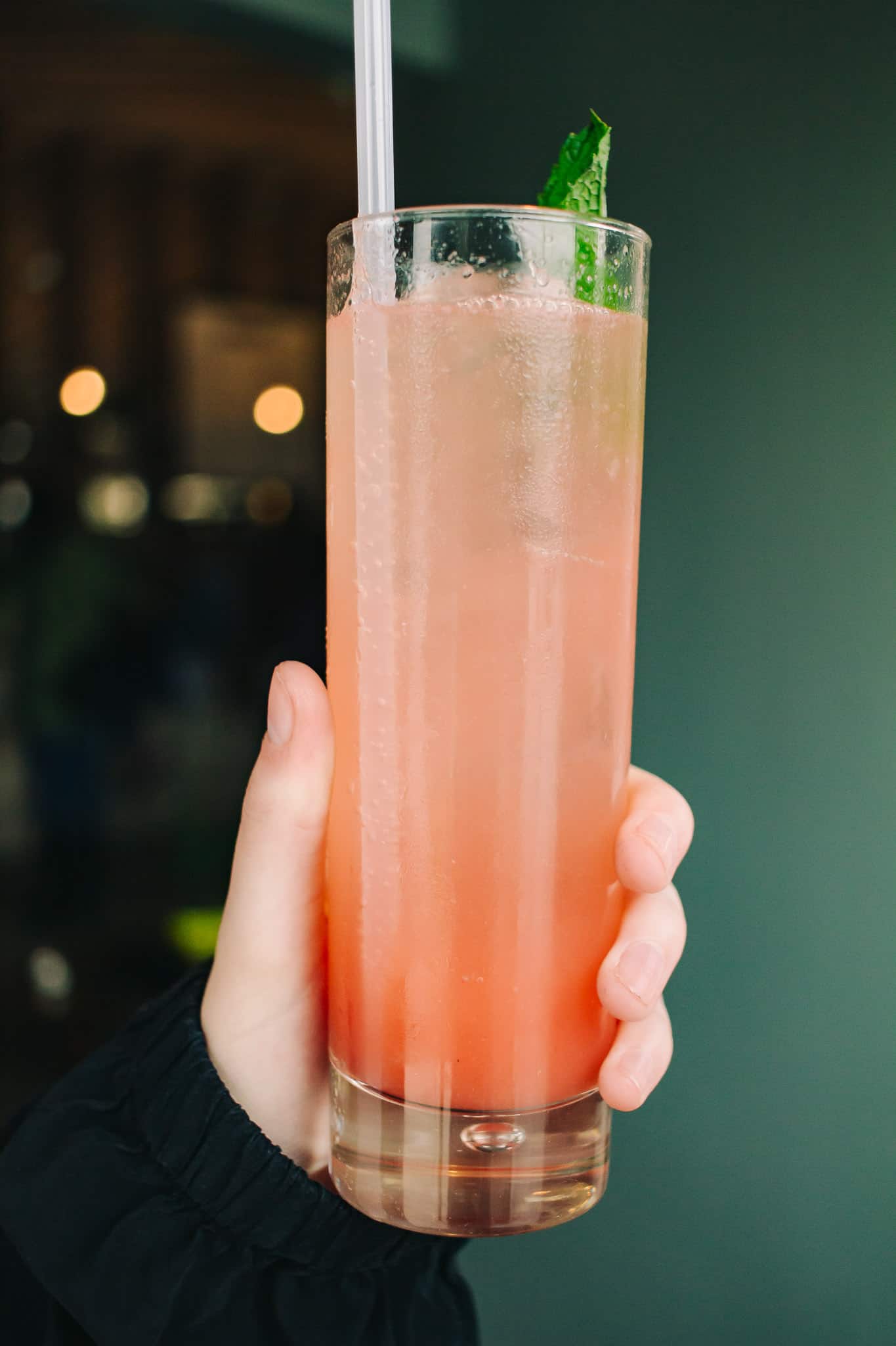 pink cocktail in a tall glass with fresh mint