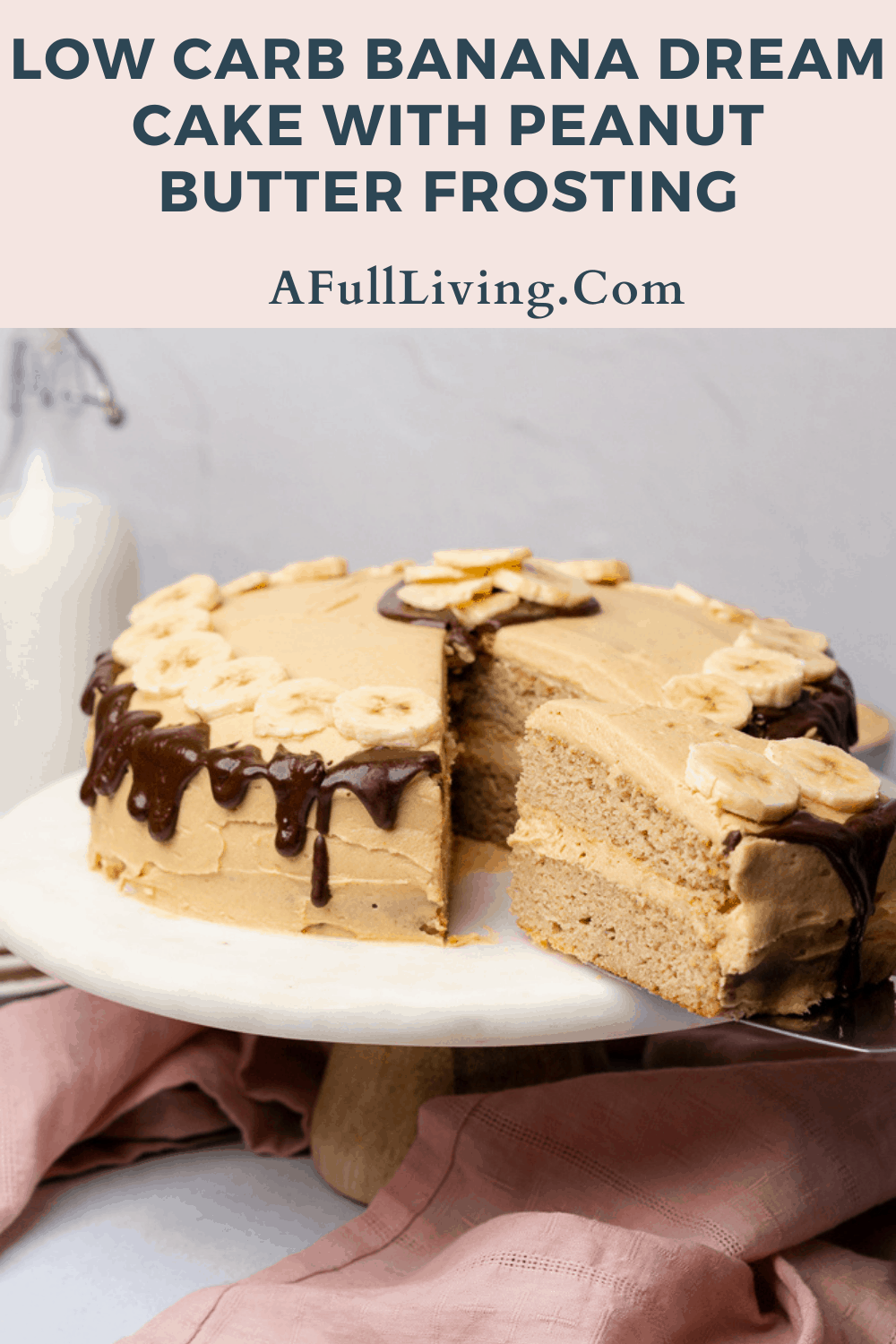Low Carb Banana Dream Cake with Peanut Butter Frosting graphic with text
