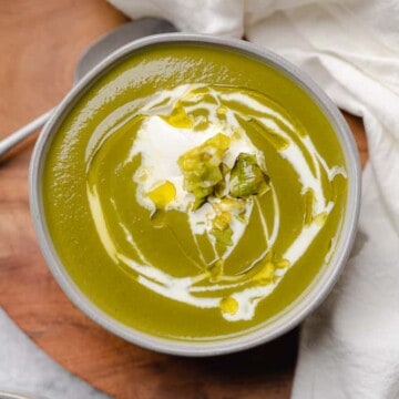 closeup shot of low carb potato leek kale soup