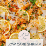 graphic with text of shrimp and caramelized shallot pasta with parmesan cheese lemons and parsley