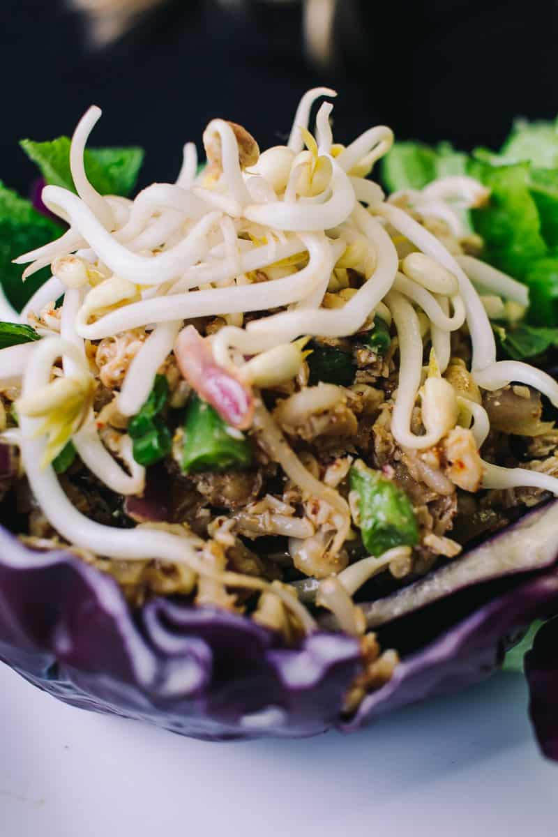 chicken larb served in purple cabbage with bean sprouts