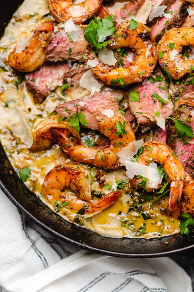 Steak and Seafood Skillet with Parmesan Cream Sauce - A Full Living